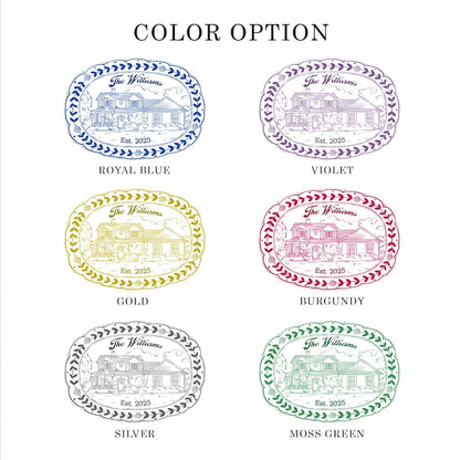 A close-up of a custom house platter, the Personalized Watercolor House Photo Platter is an ideal house warming gift.