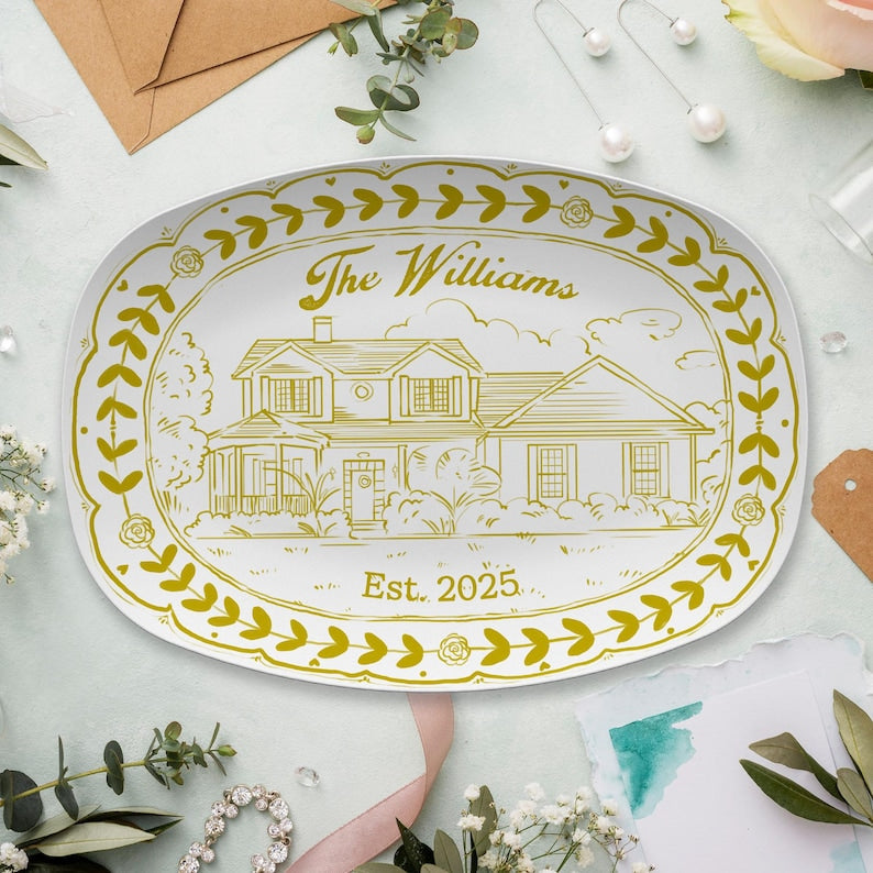 The perfect custom watercolor house portrait gift, this Personalized Watercolor House Photo Platter is a beautiful painted platter.