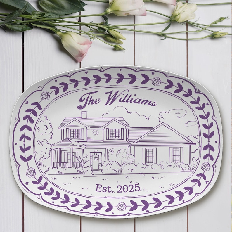 This painted platter, a Personalized Watercolor House Photo Platter, is a custom house platter featuring a house photo.