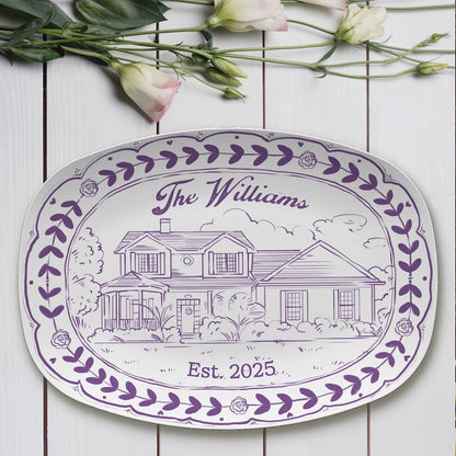 This painted platter, a Personalized Watercolor House Photo Platter, is a custom house platter featuring a house photo.