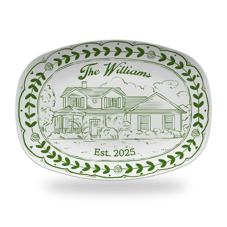 An elegant custom platter, the Personalized Watercolor House Photo Platter serves as a beautiful custom watercolor house portrait.