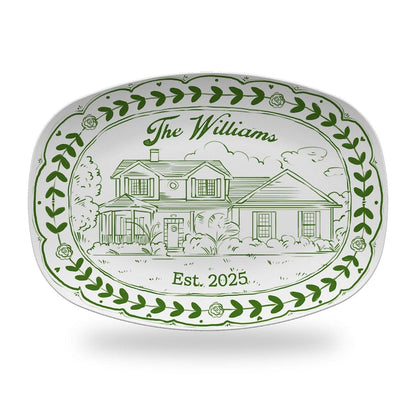 An elegant custom platter, the Personalized Watercolor House Photo Platter serves as a beautiful custom watercolor house portrait.