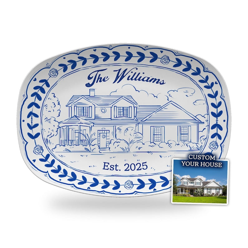 Personalized Watercolor House Photo Platter, a custom house platter and treasured house warming gift for new owners.