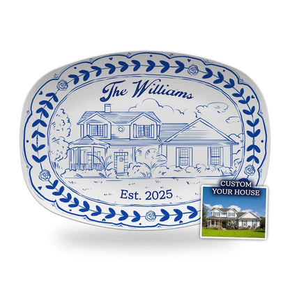 Personalized Watercolor House Photo Platter, a custom house platter and treasured house warming gift for new owners.