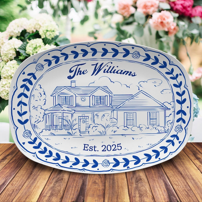 A beautiful custom watercolor house portrait, this Personalized Watercolor House Photo Platter is a unique painted platter.
