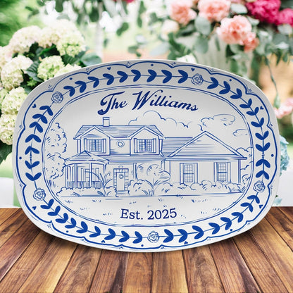 A beautiful custom watercolor house portrait, this Personalized Watercolor House Photo Platter is a unique painted platter.