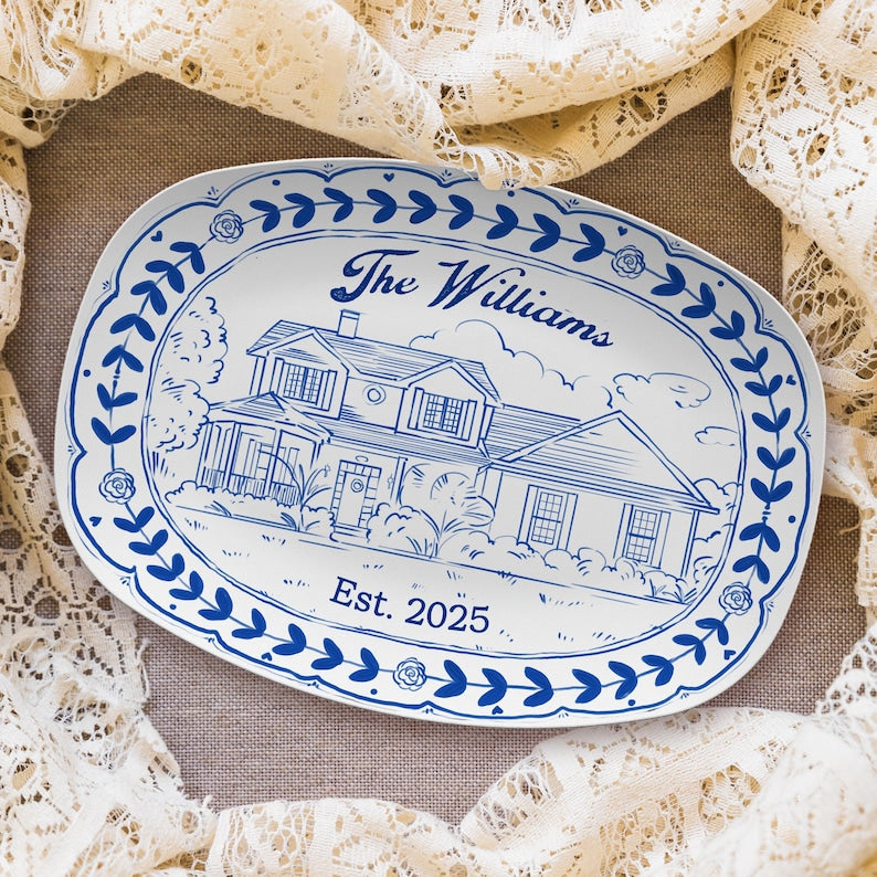Custom house platter with a watercolor house photo, the Personalized Watercolor House Photo Platter is a wonderful house warming gift.