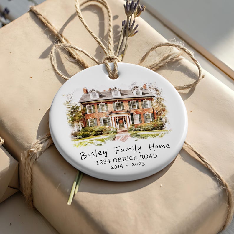 Custom photo ornament with a house portrait, the Personalized Watercolor House Portrait Ceramic Ornament is a wonderful ceramic Christmas tree ornament and house warming gift.