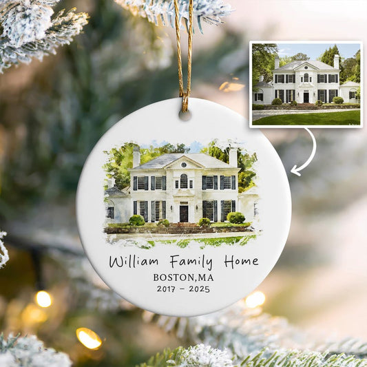 A Personalized Watercolor House Portrait Ceramic Ornament, a beautiful watercolor Christmas ornament and perfect house warming gift.