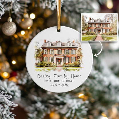 This ceramic Christmas tree ornament, a Personalized Watercolor House Portrait Ceramic Ornament, is a custom photo ornament and new home ornament.