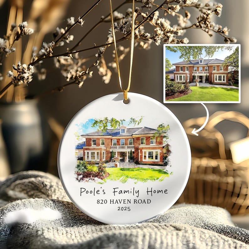 A close-up of a new home ornament, the Personalized Watercolor House Portrait Ceramic Ornament features a 'photo in ornament' design.