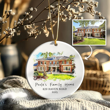 A close-up of a new home ornament, the Personalized Watercolor House Portrait Ceramic Ornament features a 'photo in ornament' design.