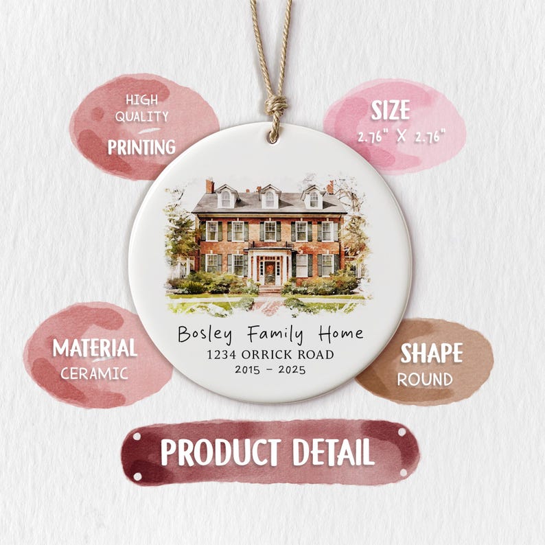 The ideal house warming gift, this Personalized Watercolor House Portrait Ceramic Ornament is a unique custom photo ornament of their house.