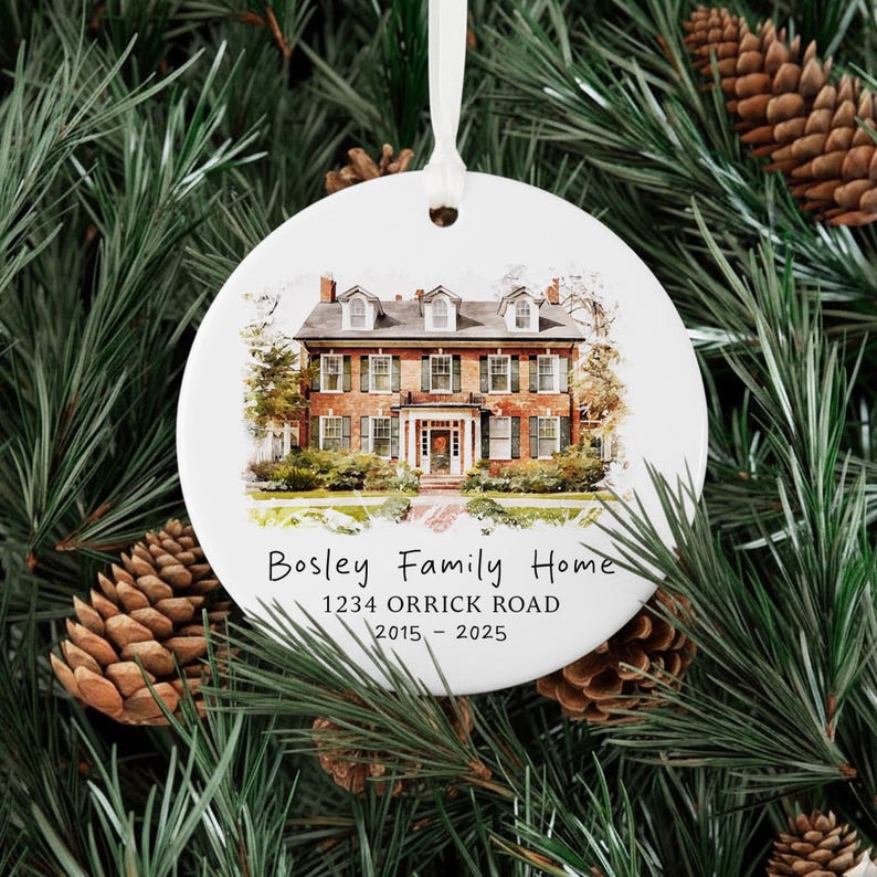 A unique new home ornament, the Personalized Watercolor House Portrait Ceramic Ornament is a lovely ceramic Christmas tree ornament.