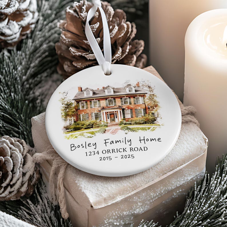 This custom photo ornament is a Personalized Watercolor House Portrait Ceramic Ornament, a beautiful house portrait and watercolor Christmas ornament.