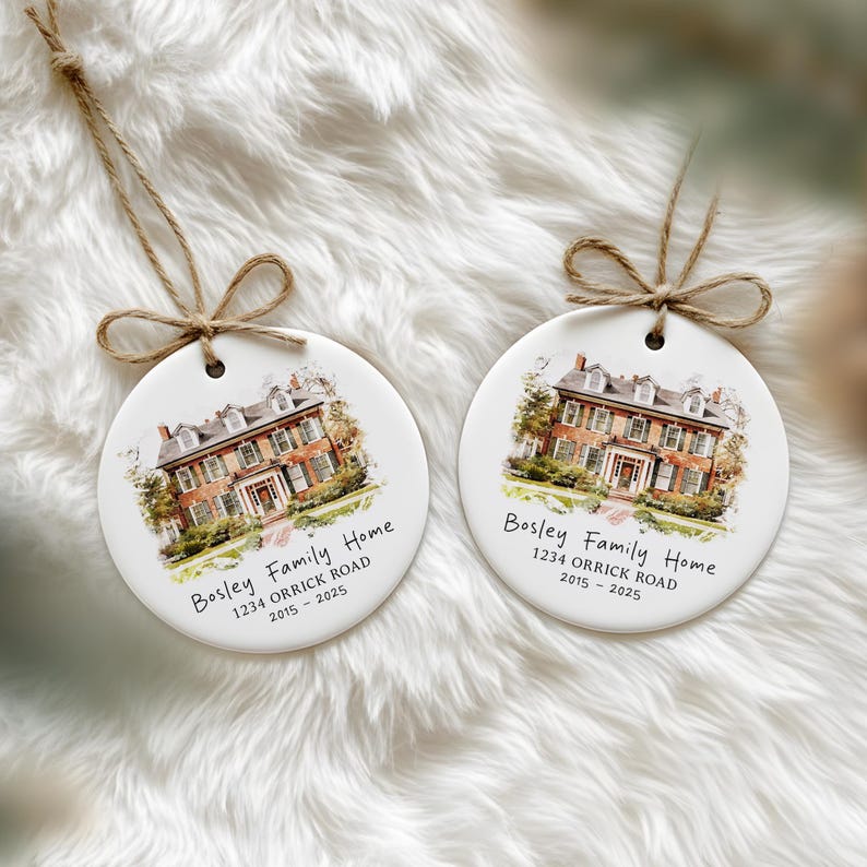An elegant ceramic Christmas tree ornament, the Personalized Watercolor House Portrait Ceramic Ornament serves as a thoughtful house warming gift.