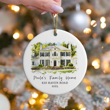 Personalized Watercolor House Portrait Ceramic Ornament, a custom photo ornament and treasured new home ornament for the holidays.