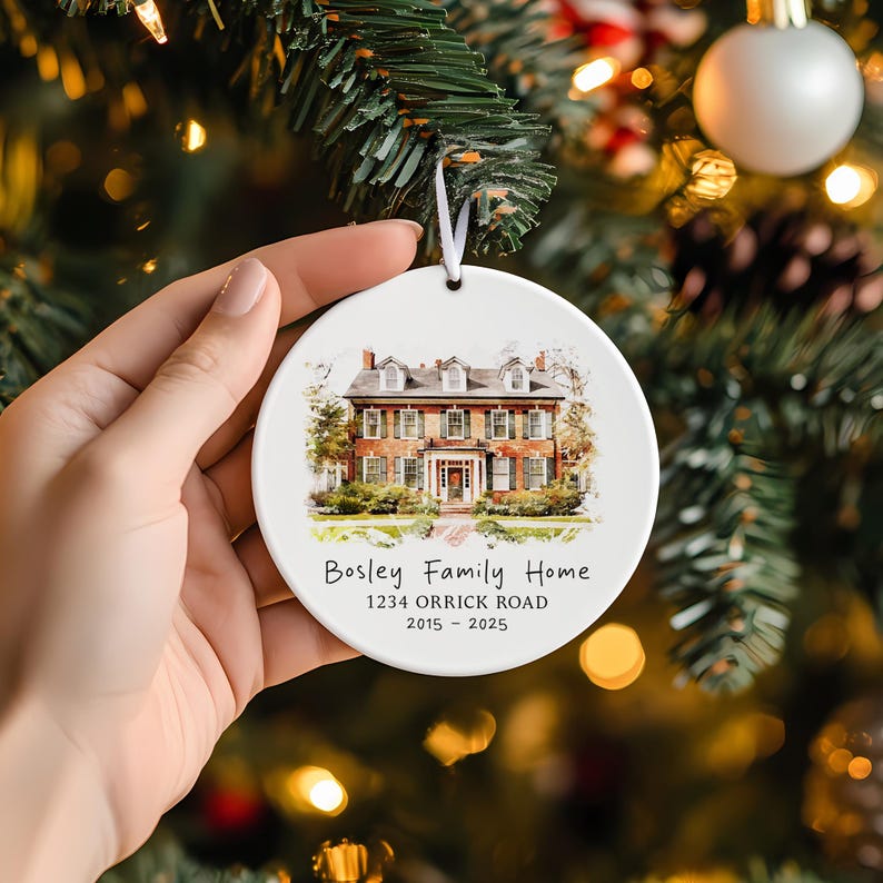 A beautiful watercolor Christmas ornament, this Personalized Watercolor House Portrait Ceramic Ornament is a unique 'photo in ornament' gift for homeowners.