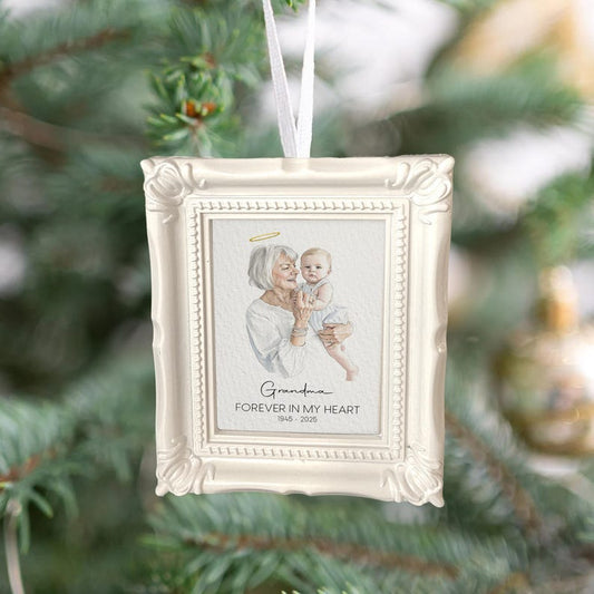 A Personalized Watercolor Memorial Photo Frame Ornament, a touching sympathy gift and personalized remembrance Christmas ornament.