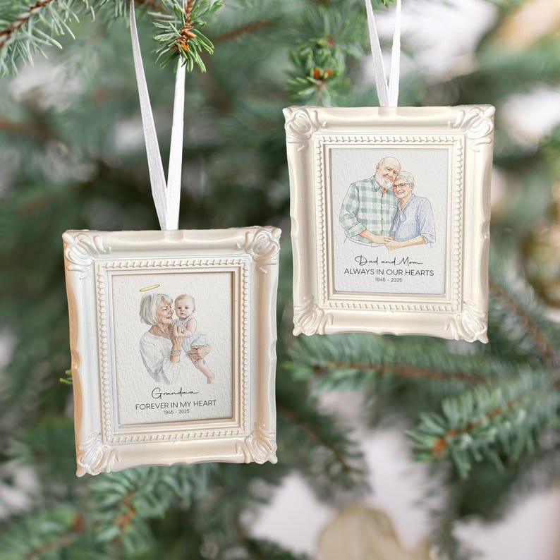 This custom photo ornament is a Personalized Watercolor Memorial Photo Frame Ornament, a beautiful memorial ornament to honor a loved one.