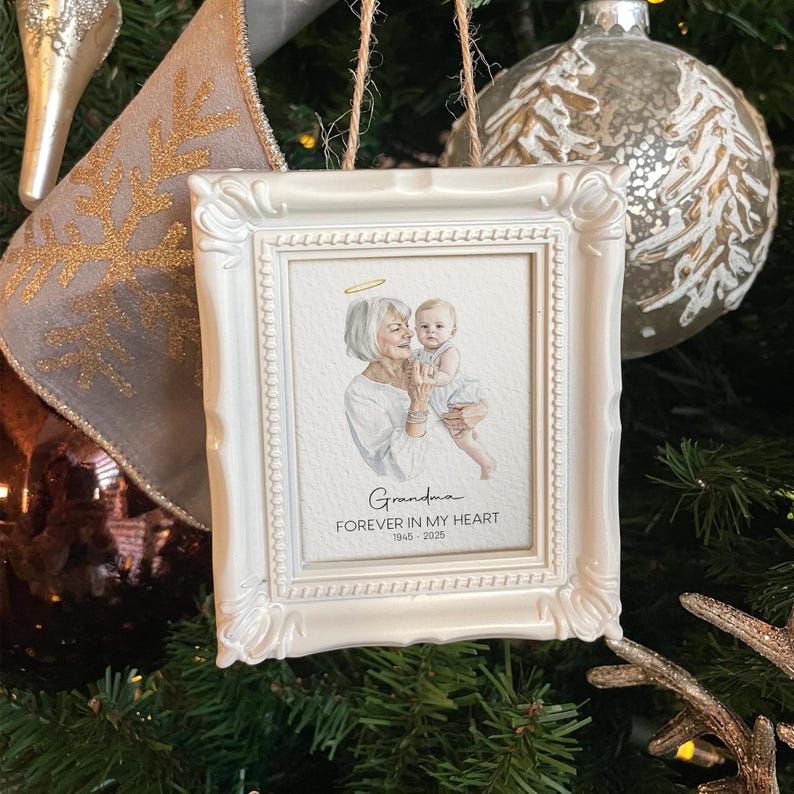 A close-up of a memorial ornament, the Personalized Watercolor Memorial Photo Frame Ornament features a unique watercolor effect on the photo.