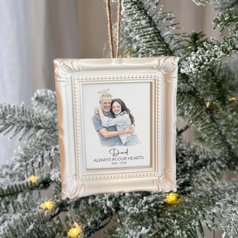 The ideal sympathy gift, this Personalized Watercolor Memorial Photo Frame Ornament is a cherished custom photo ornament for the holidays.