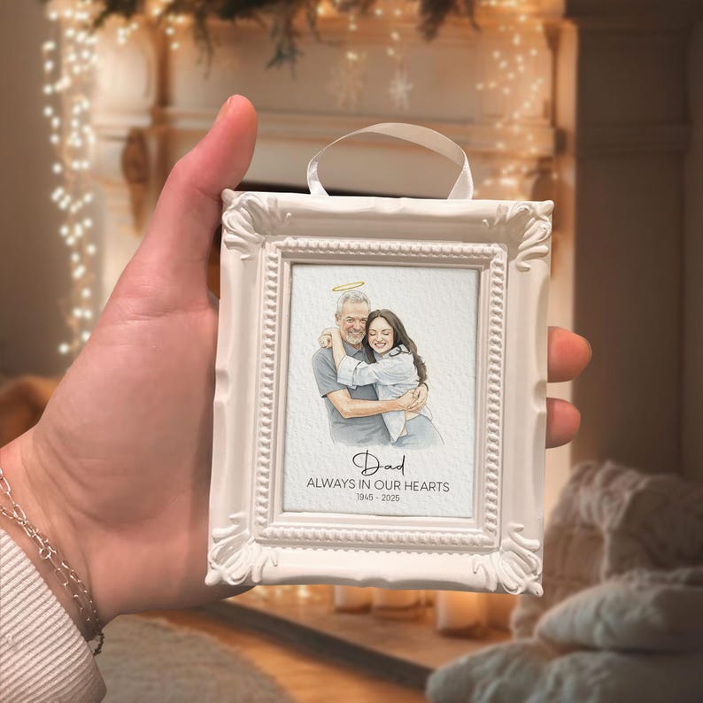 A beautiful photo frame ornament, the Personalized Watercolor Memorial Photo Frame Ornament is a unique personalized remembrance Christmas ornament.