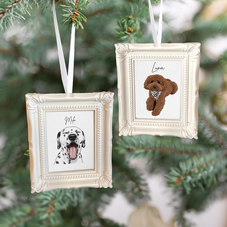 A Personalized Watercolor Pet Photo Frame Ornament, a unique personalized pet ornament and beautiful watercolor Christmas ornament.