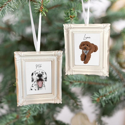 A Personalized Watercolor Pet Photo Frame Ornament, a unique personalized pet ornament and beautiful watercolor Christmas ornament.