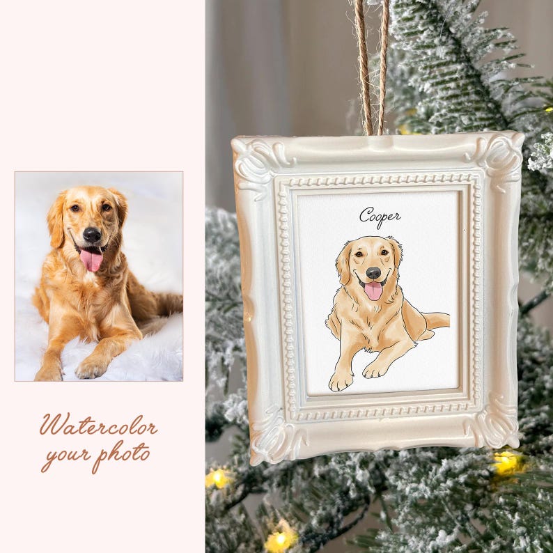 The ideal gift for pet owners, this Personalized Watercolor Pet Photo Frame Ornament is a custom watercolor Christmas ornament.