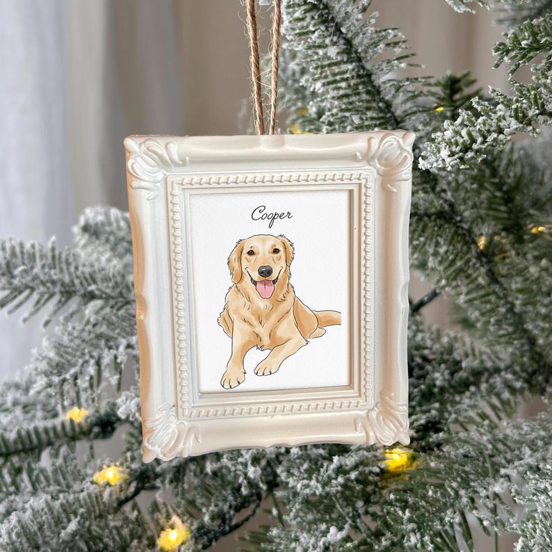 This custom photo ornament is a Personalized Watercolor Pet Photo Frame Ornament, a unique addition to your watercolor Christmas ornaments collection.