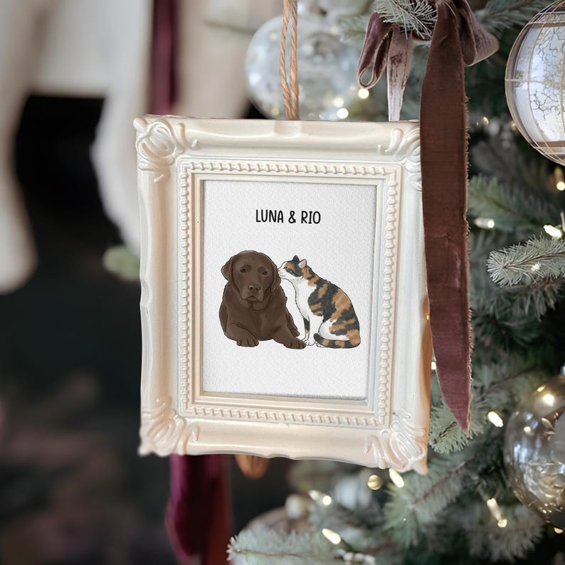 An elegant watercolor Christmas ornament, this Personalized Pet Photo Frame Ornament beautifully captures your pet's photo.