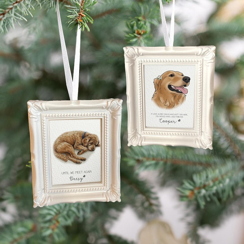 This photo frame ornament, a Personalized Watercolor Pet Portrait Memorial Ornament, is a cherished memorial ornament with picture for pet owners.