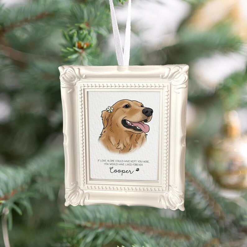 A close-up of a dog memorial ornament, the Personalized Watercolor Pet Portrait Memorial Ornament is an ideal gift for dog owners and dog moms.