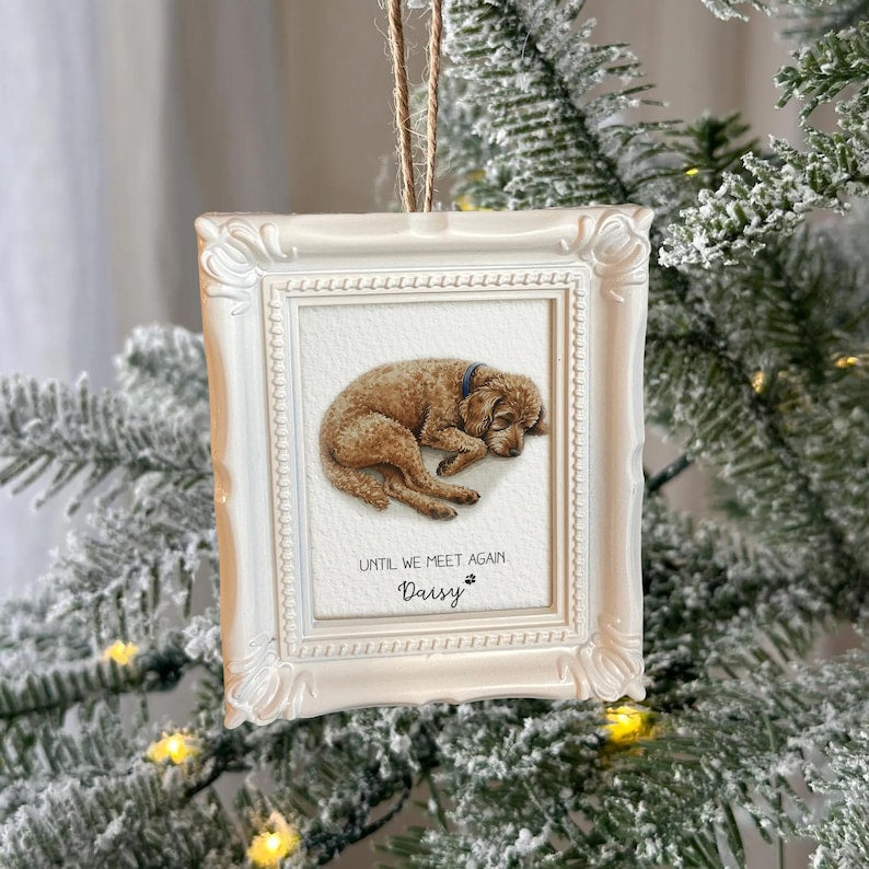 A beautiful dog mom gift, the Personalized Watercolor Pet Portrait Memorial Ornament is a custom watercolor Christmas ornament for remembrance.