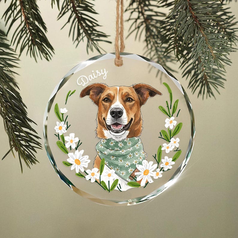 Pet Memorial Gift Custom Pet Portrait Glass Ornament Personalized Dog Christmas Ornament
