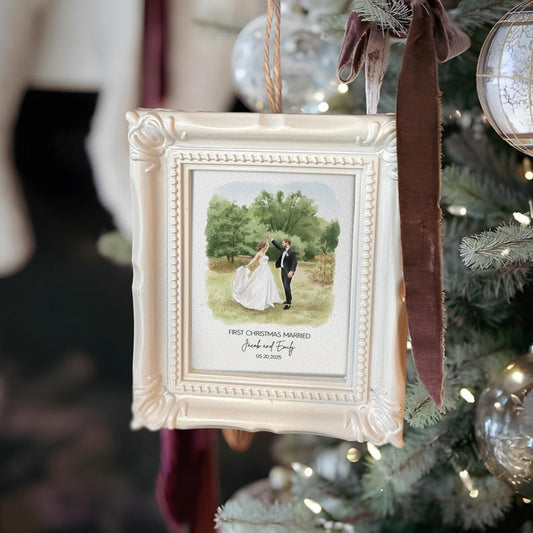 A Personalized Watercolor Photo First Christmas Married Frame Ornament, a beautiful newlywed Christmas ornament and wedding ornament.