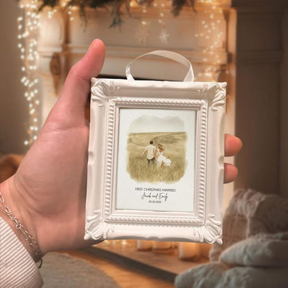 This custom photo ornament is a Personalized Watercolor Photo First Christmas Married Frame Ornament, the perfect 'first Christmas married ornament'.