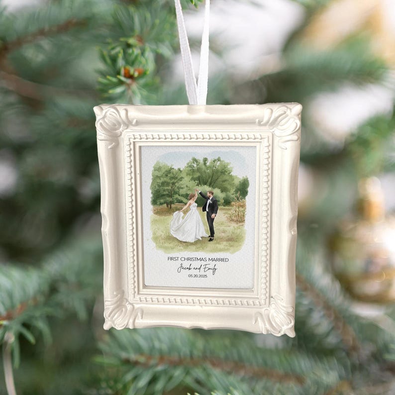 The ideal newlywed Christmas ornament, this Personalized Watercolor Photo First Christmas Married Frame Ornament is a unique custom photo ornament.