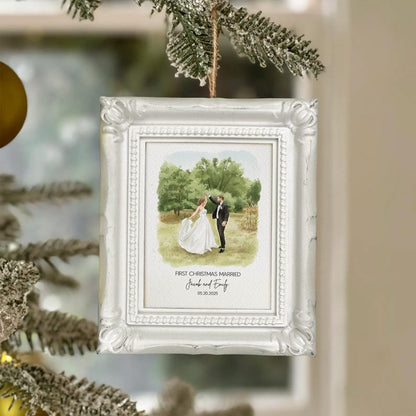 A beautiful photo frame ornament, the Personalized Watercolor Photo First Christmas Married Frame Ornament is a perfect wedding ornament and gift.