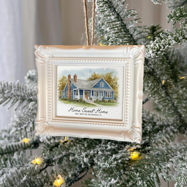 A Personalized Watercolor Photo New Home Frame Ornament, a beautiful new home ornament and a perfect house warming gift.