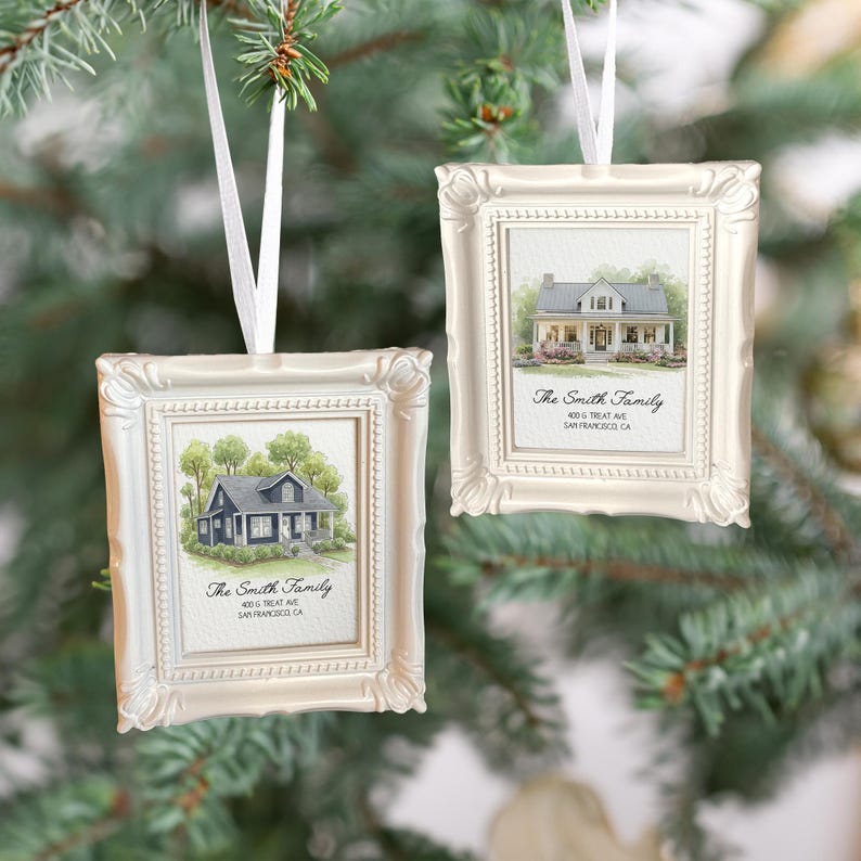 This custom photo ornament is a Personalized Watercolor Photo New Home Frame Ornament, a unique watercolor Christmas ornament for a new house.