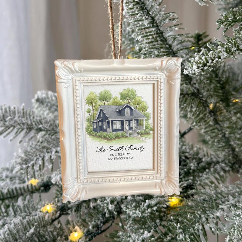A close-up of a new home ornament, the Personalized Watercolor Photo New Home Frame Ornament is a cherished keepsake and house warming gift.