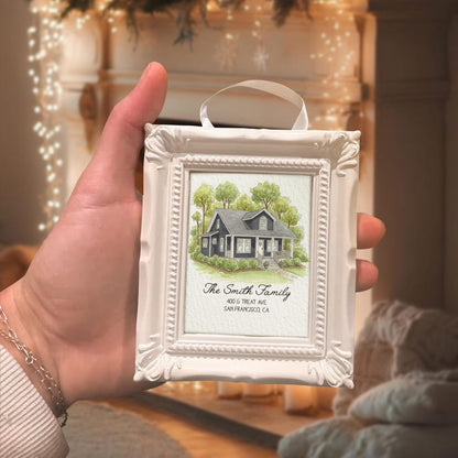 The ideal house warming gift, this Personalized Watercolor Photo New Home Frame Ornament is a custom photo ornament for the new home.