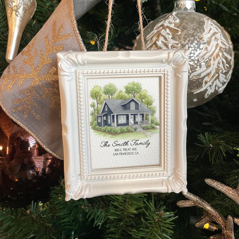 A beautiful photo frame ornament, the Personalized Watercolor Photo New Home Frame Ornament is a unique new home ornament and custom gift.