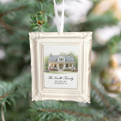 This custom photo ornament is a Personalized Watercolor Photo New Home Frame Ornament, a beautiful watercolor Christmas ornament for a first Christmas in a new home.