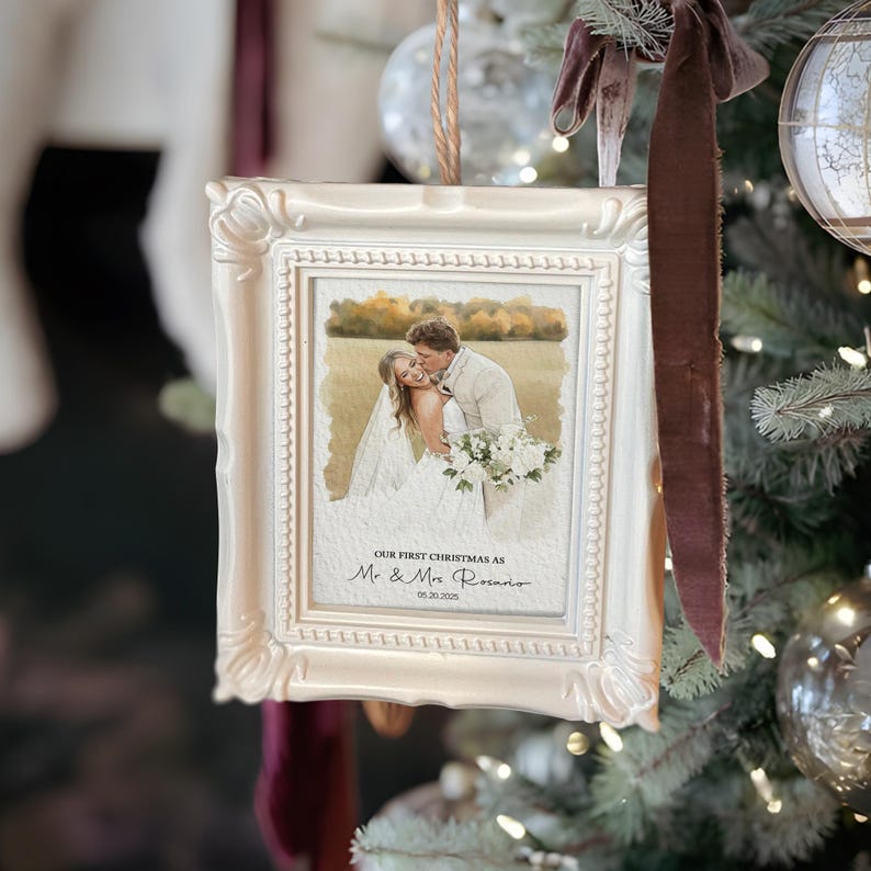 A Personalized Watercolor Photo Our First Christmas Frame Ornament, a beautiful newlywed Christmas ornament and wedding ornament.