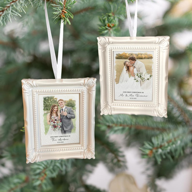 This custom photo ornament is a Personalized Watercolor Photo Our First Christmas Frame Ornament, the perfect 'first Christmas married ornament'.