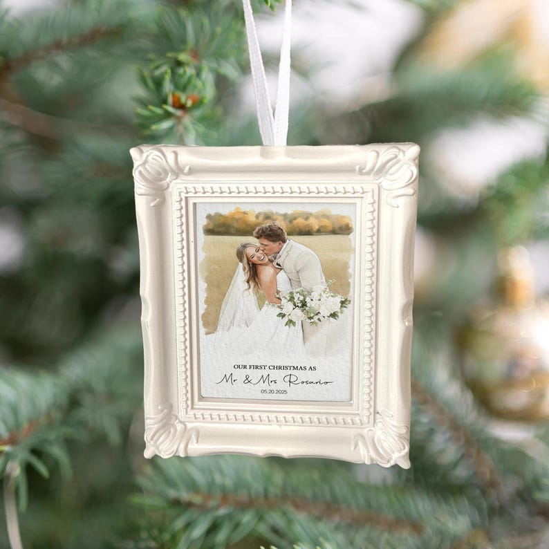 A romantic 'first Christmas married ornament', the Personalized Watercolor Photo Our First Christmas Frame Ornament is a top Mr. and Mrs. Christmas ornament.