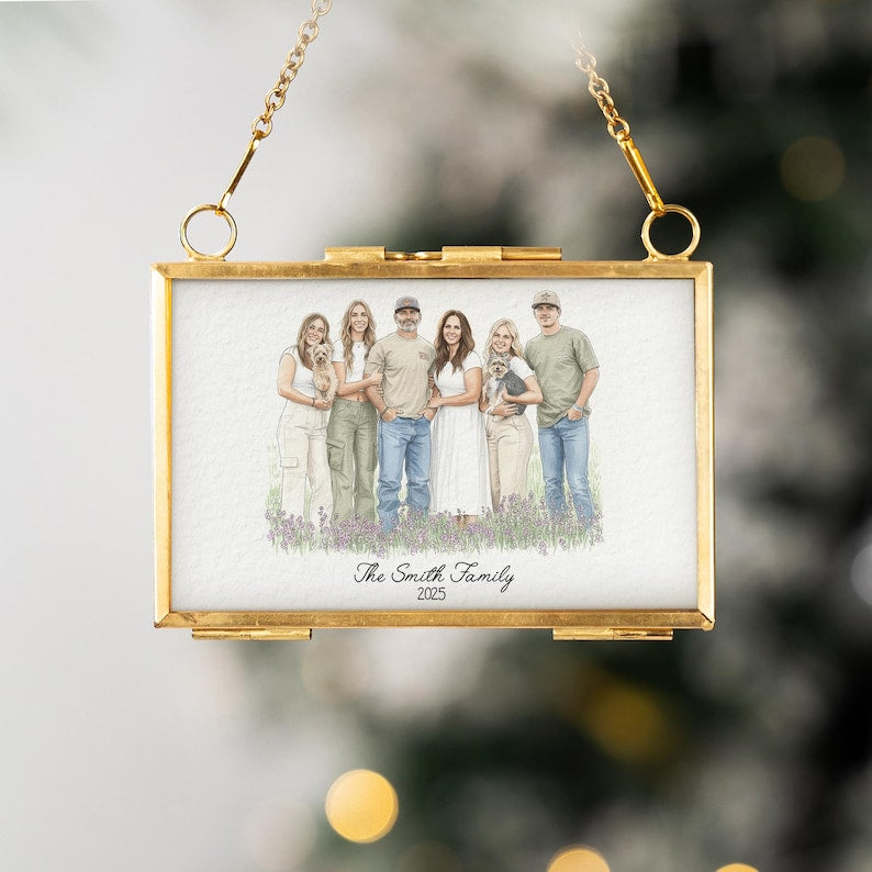 A Personalized Watercolor Picture Golden Frame Ornament, a beautiful gold frame ornament and perfect family gift for Christmas.